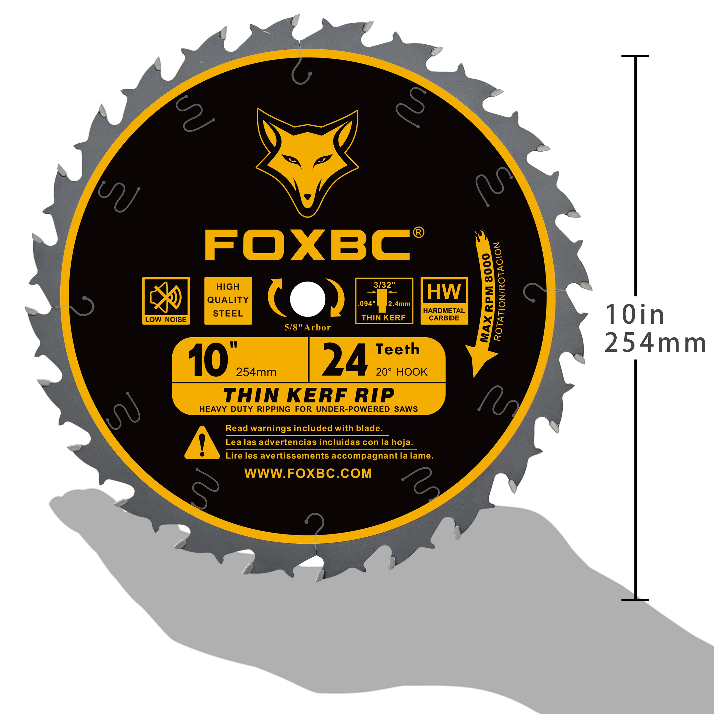 FOXBC 10-Inch Table Saw Blade, Thin Kerf Ripping Saw Blade for Wood Cutting, 24-Teeth, 5/8-Inch Arbor