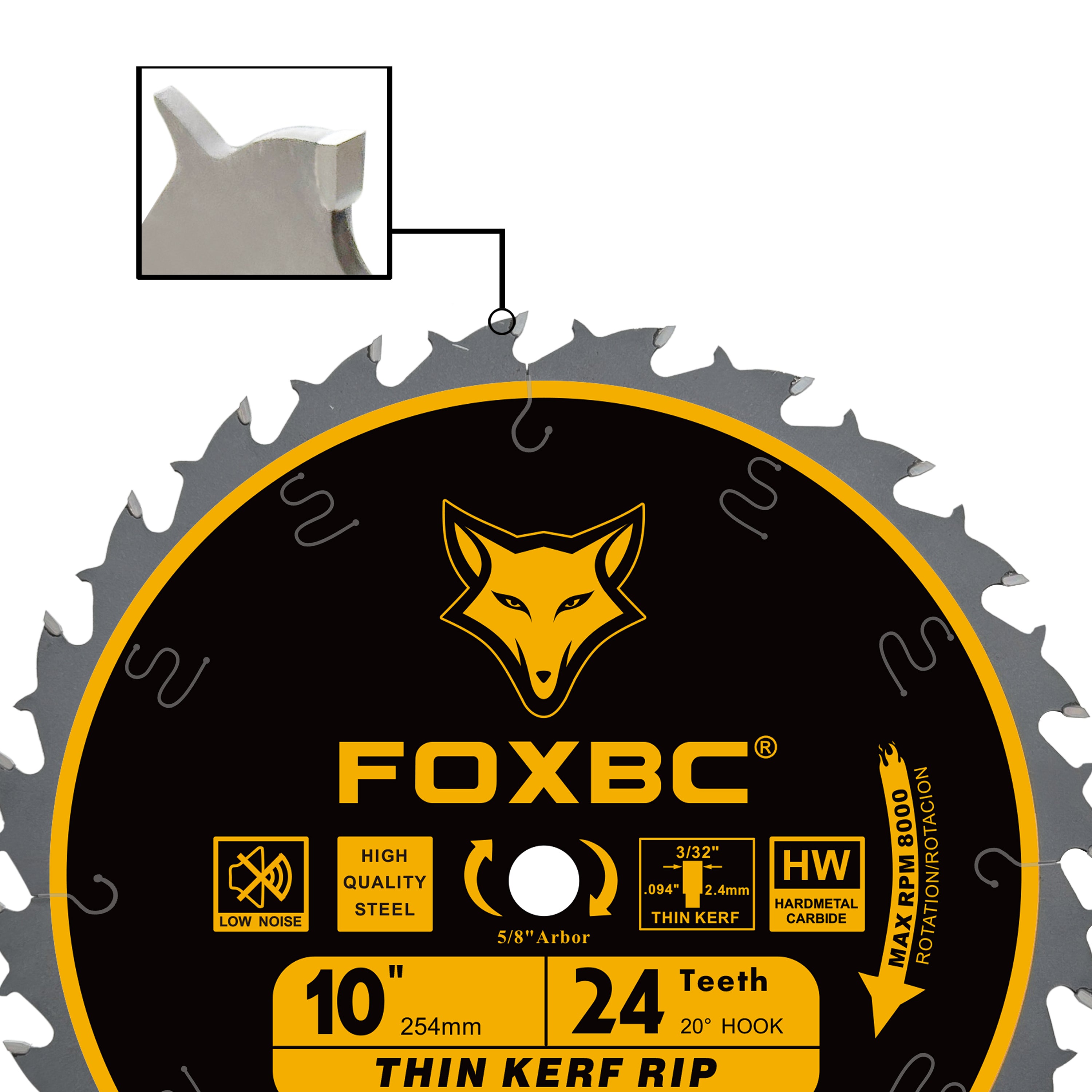 FOXBC 10-Inch Table Saw Blade, Thin Kerf Ripping Saw Blade for Wood Cutting, 24-Teeth, 5/8-Inch Arbor