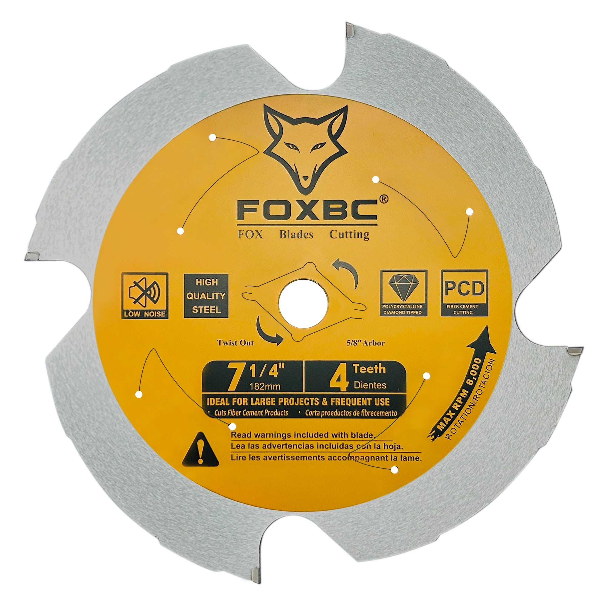 FOXBC 7-1/4 inch 4 Tooth Polycrystalline Diamond (PCD) Hardie Fiber Cement Saw Blade, 5/8 Arbor