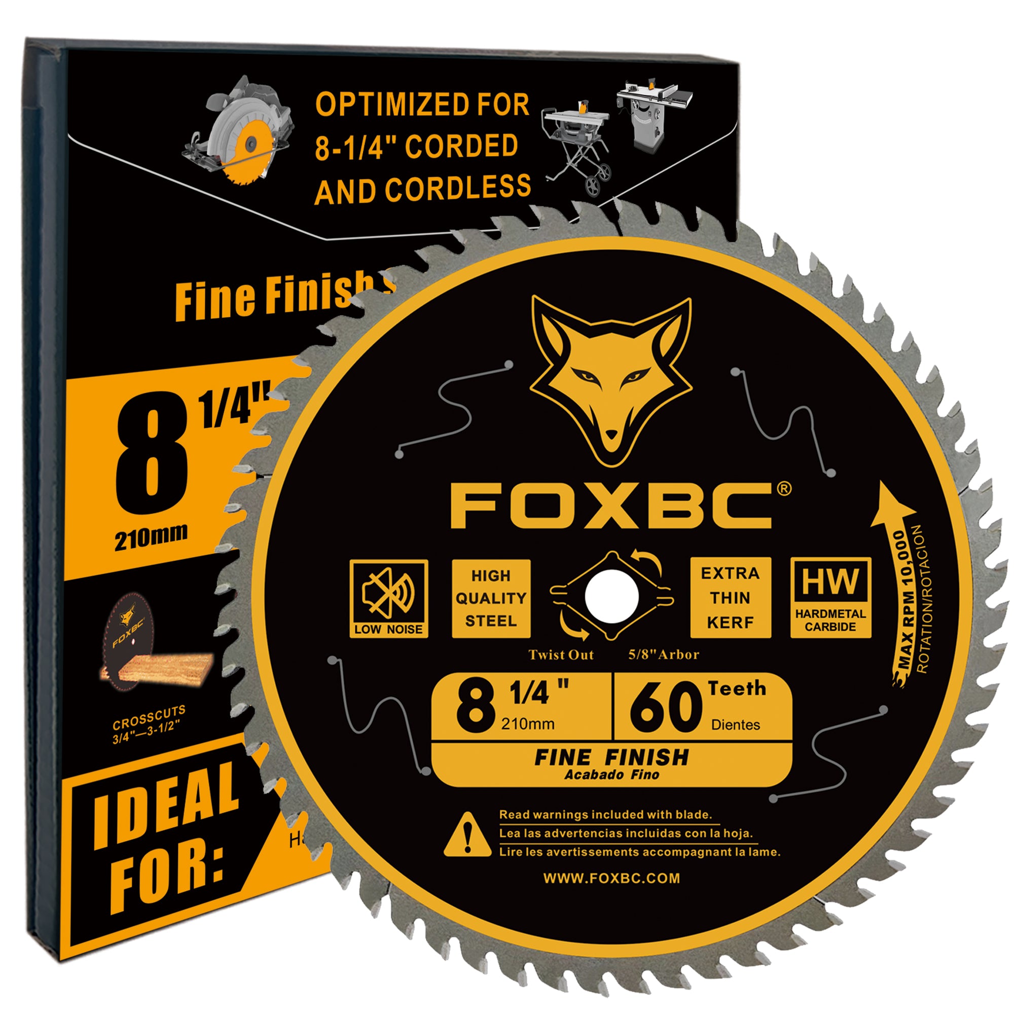 FOXBC 8-1/4 Inch Table Saw Blade 60 Tooth Fine Finish Wood Cutting with 5/8" Arbor, Diamond Knockout