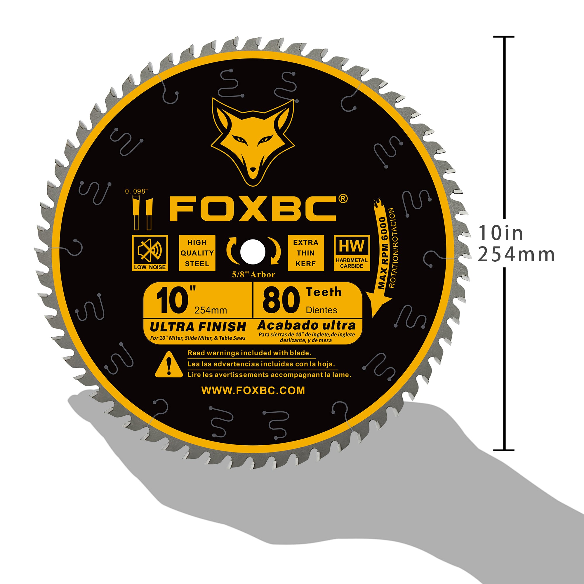 FOXBC 10-Zoll-Tischkreissägeblätter, 80 Zähne, Blatt mit feiner Oberfläche und 5/8-Zoll-Aufnahme