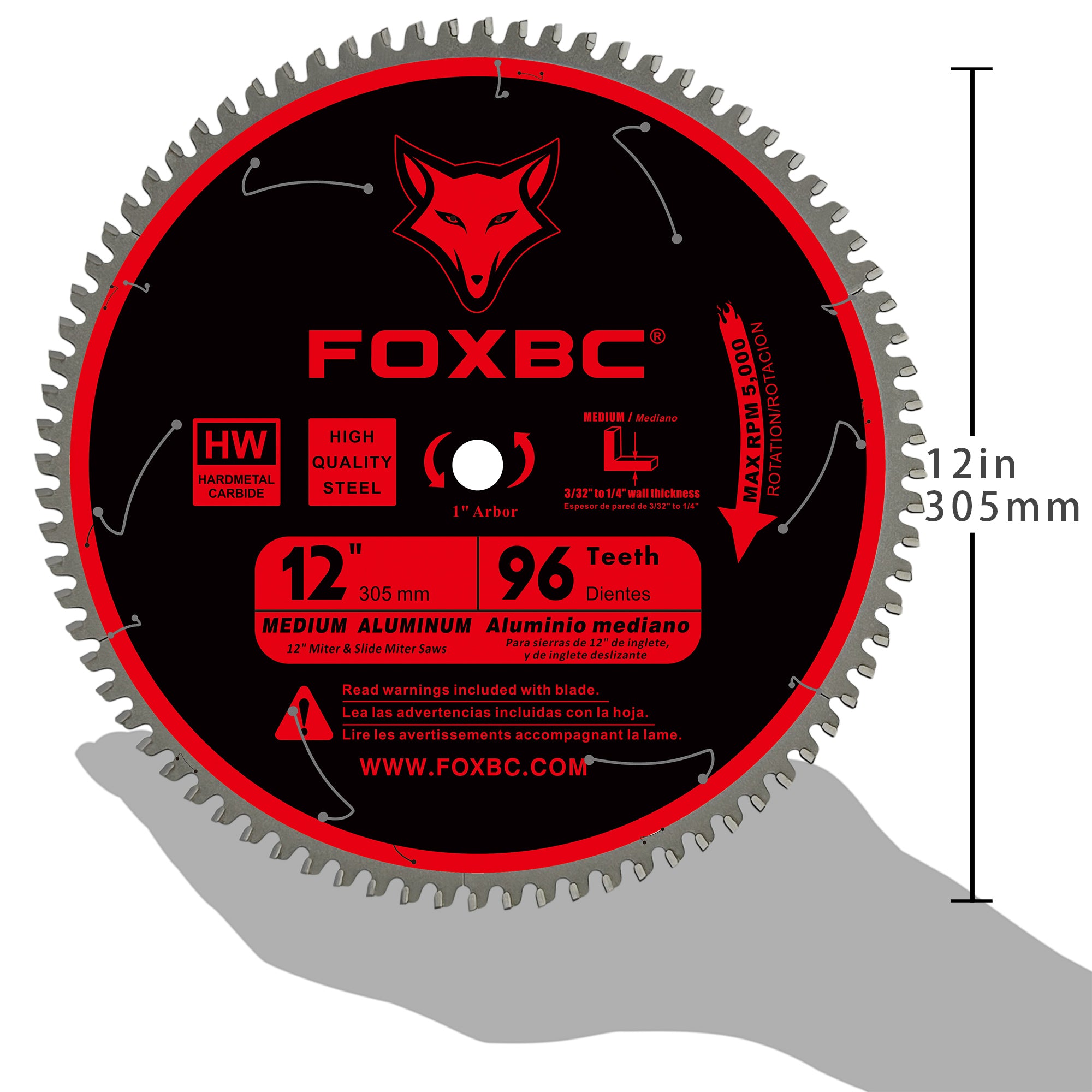 FOXBC 12 Inch Miter Aluminum Saw Blade 96-Tooth TCG for Non-Ferrous Metal & Plastic Cutting with 1-Inch Arbor