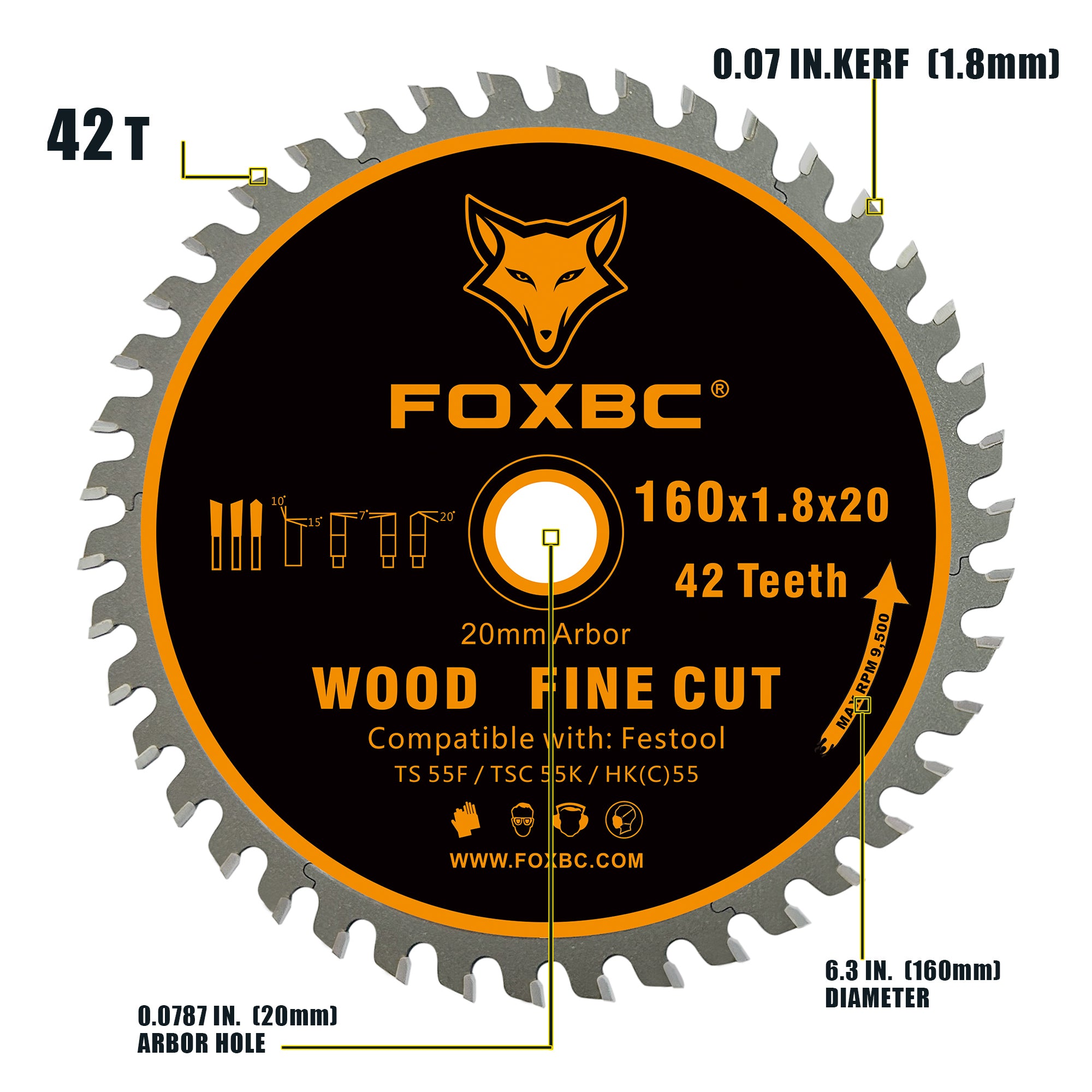 FOXBC 205561 Kettensägeblatt 160 x 1,8 x 20 mm WD42 Zahnholz Feinschnitt für Festool TS 55 F, TSC 55 K, HK 55 und HKC 55