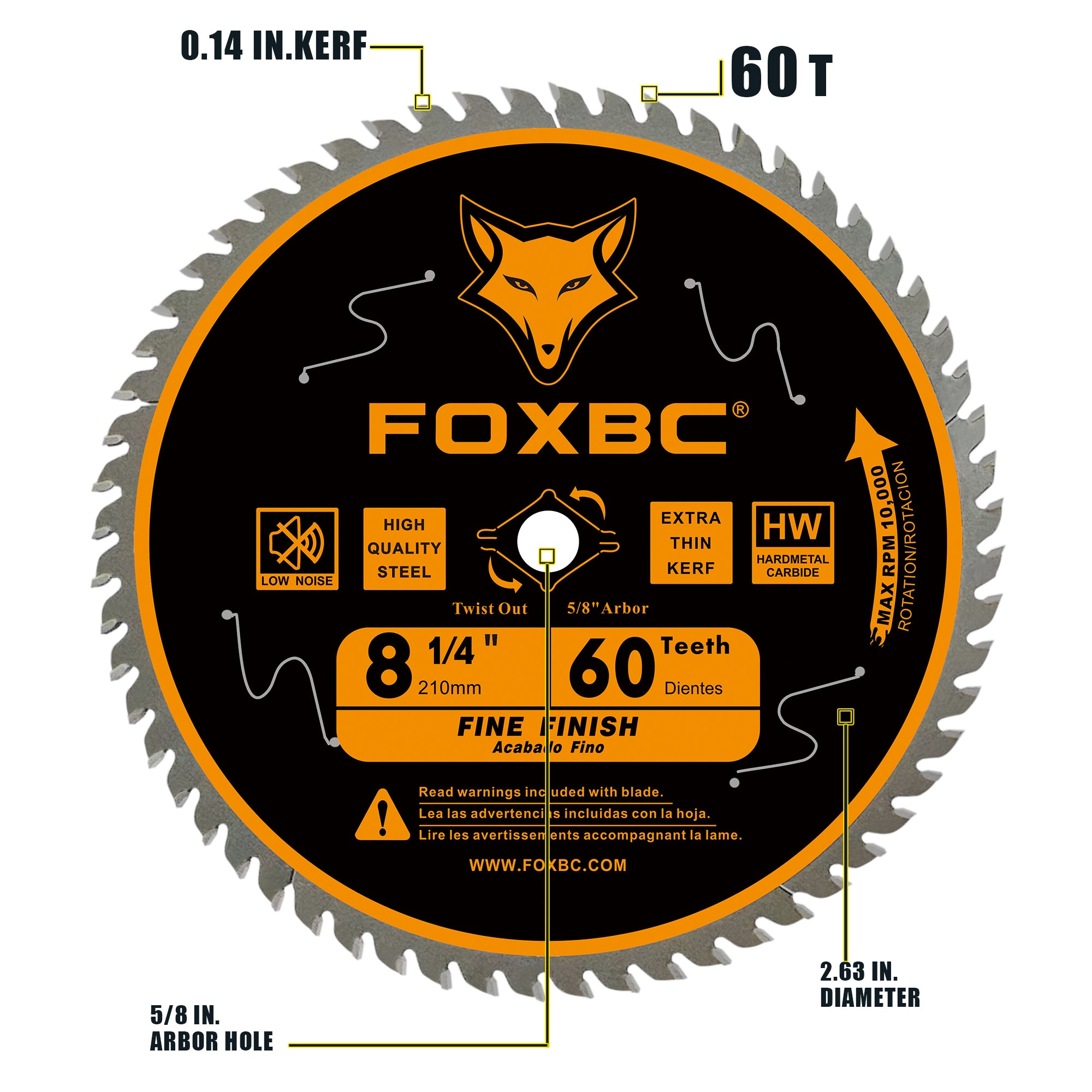 FOXBC 8-1/4-Zoll-Tischkreissägeblatt mit 60 Zähnen, feines Holzschneiden mit 5/8-Zoll-Aufnahme, Diamant-Aussparung