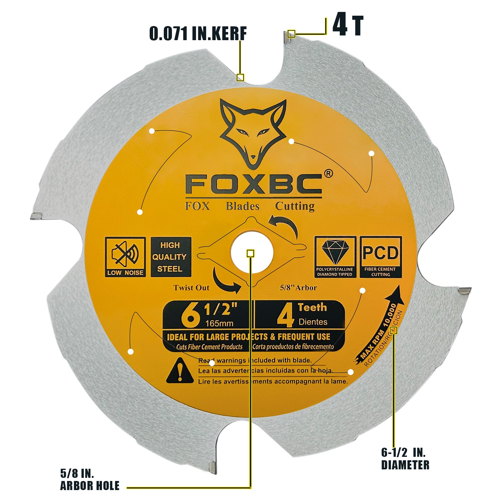 FOXBC 6-1/2 inch 4 Tooth Polycrystalline Diamond (PCD) Hardie Fiber Cement Saw Blade, 5/8 Arbor