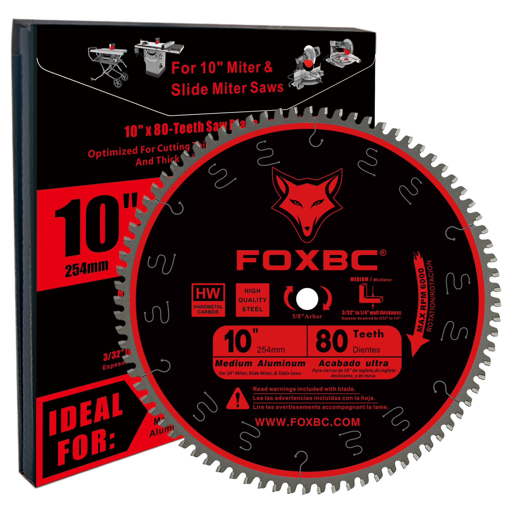 FOXBC 10-Inch Miter/Table Saw Blade 80-Tooth TCG for Aluminum and Non-Ferrous Metal & Plastic Cutting with 5/8-Inch Arbor