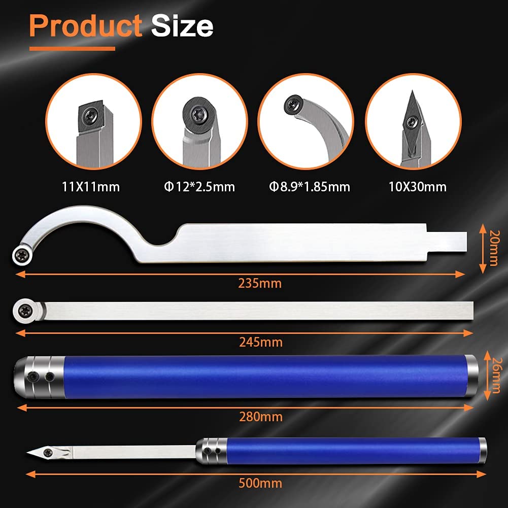 Holzdrehwerkzeug-Set, hartmetallbestückte Drehmaschine, Schrupper, Finisher, Schwanenhals-Aushöhlungswerkzeuge und austauschbarer Griff aus Aluminiumlegierung mit runden, quadratischen Diamant-Hartmetalleinsätzen