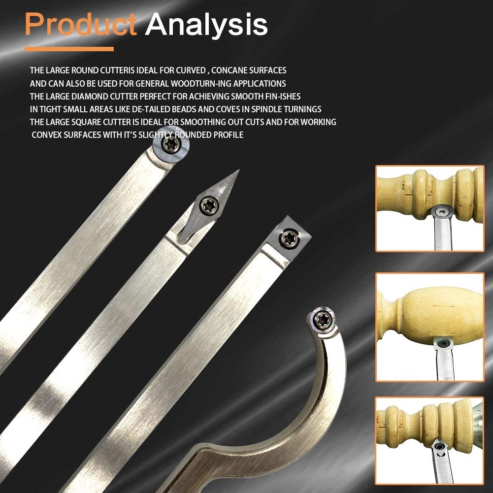 Holzdrehwerkzeug-Set, hartmetallbestückte Drehmaschine, Schrupper, Finisher, Schwanenhals-Aushöhlungswerkzeuge und austauschbarer Griff aus Aluminiumlegierung mit runden, quadratischen Diamant-Hartmetalleinsätzen